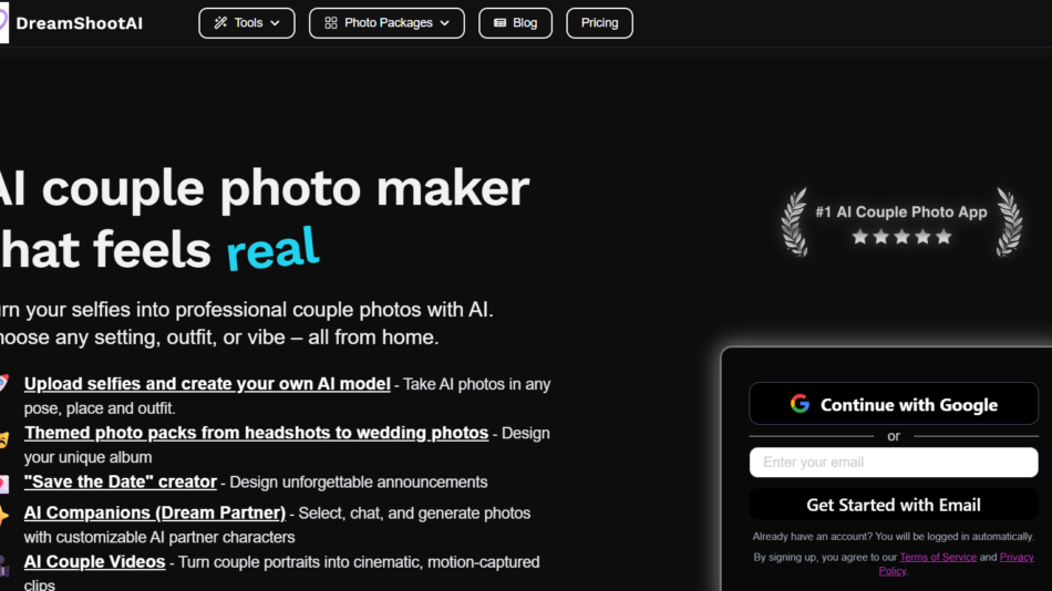Hero section for DreamShootAI: bold white headline 'AI couple photo maker that feels real' on a dark background with a right‑side award badge and signup panel.