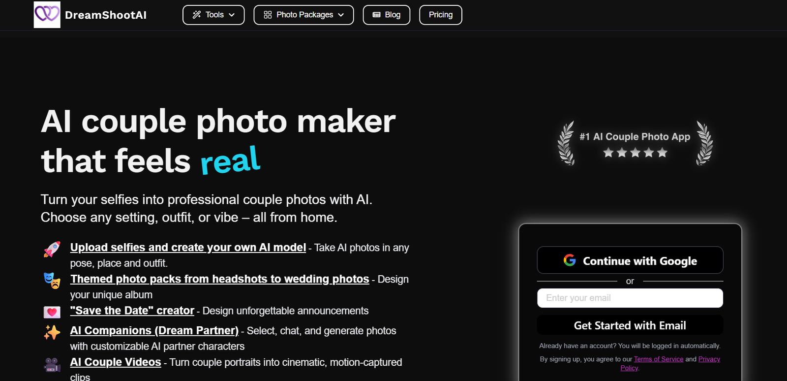 59 - Hero section for DreamShootAI: bold white headline 'AI couple photo maker that feels real' on a dark background with a right‑side award badge and signup panel.