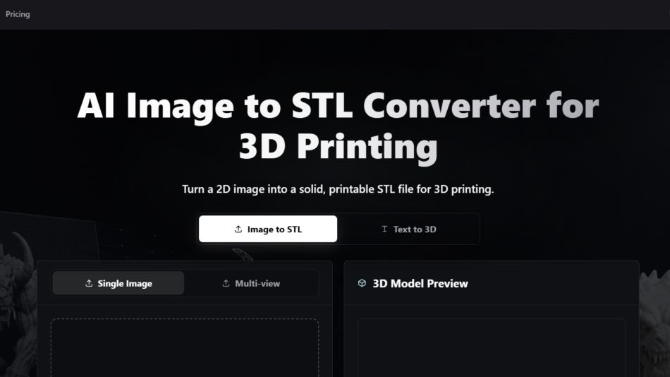 6 - Hero banner announcing 'AI Image to STL Converter for 3D Printing' with a dark gradient background and bold white text, featuring a primary CTA button area.