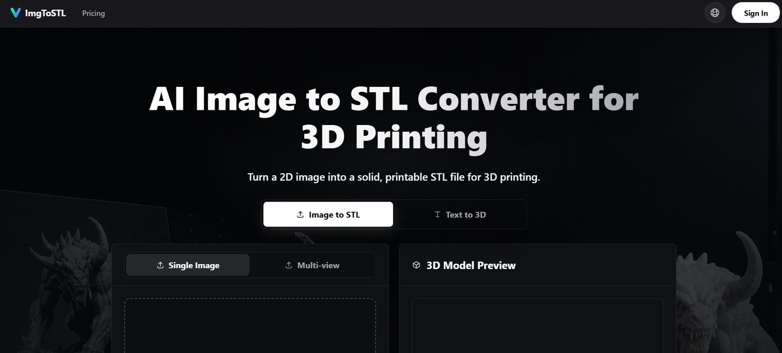 6 - Hero banner announcing 'AI Image to STL Converter for 3D Printing' with a dark gradient background and bold white text, featuring a primary CTA button area.
