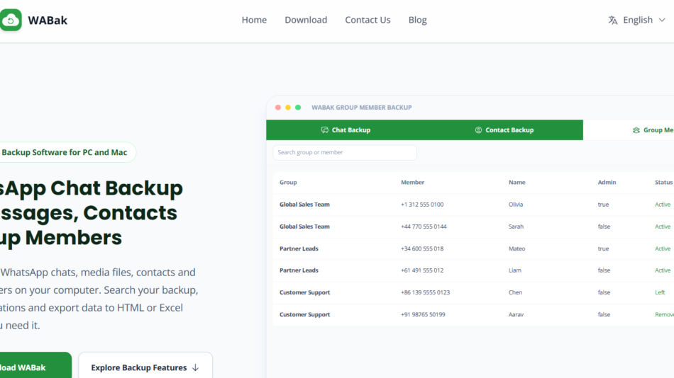 WABak homepage hero with logo and navigation, headline about WhatsApp chat backup, and a right-side backup dashboard mockup