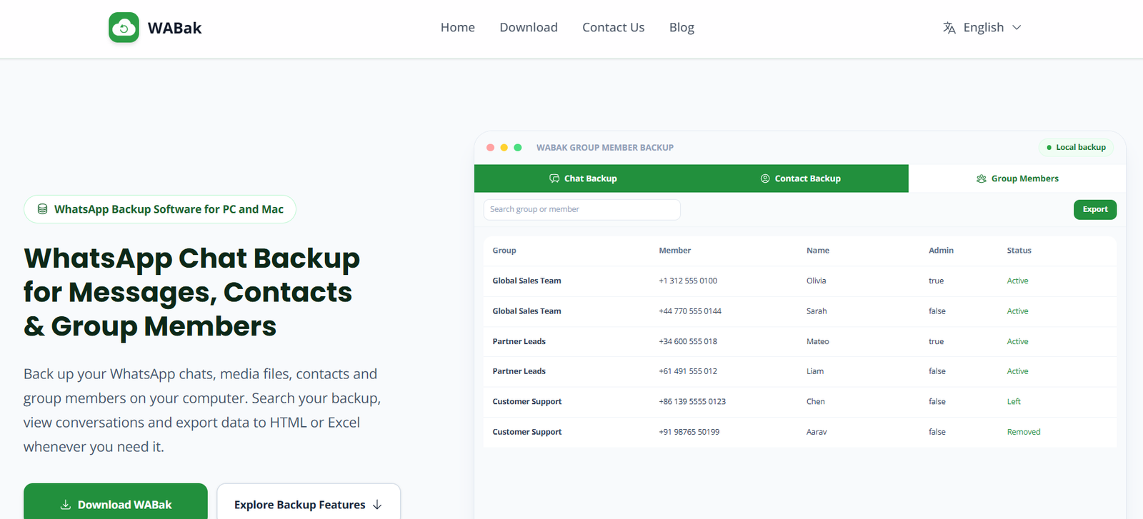 6 - WABak homepage hero with logo and navigation, headline about WhatsApp chat backup, and a right-side backup dashboard mockup