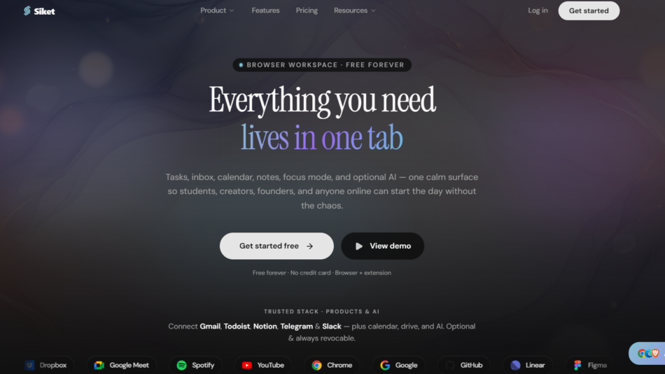 Dark gradient hero with abstract background; headline: 'Everything you need lives in one tab' and subheading about tasks, inbox, calendar, notes; white 'Get started free' and black 'View demo' buttons below.