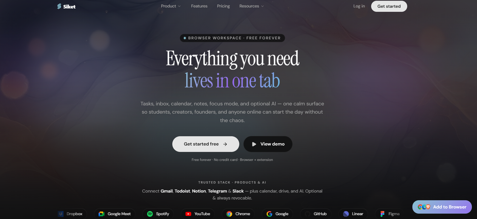 6 - Dark gradient hero with abstract background; headline: 'Everything you need lives in one tab' and subheading about tasks, inbox, calendar, notes; white 'Get started free' and black 'View demo' buttons below.