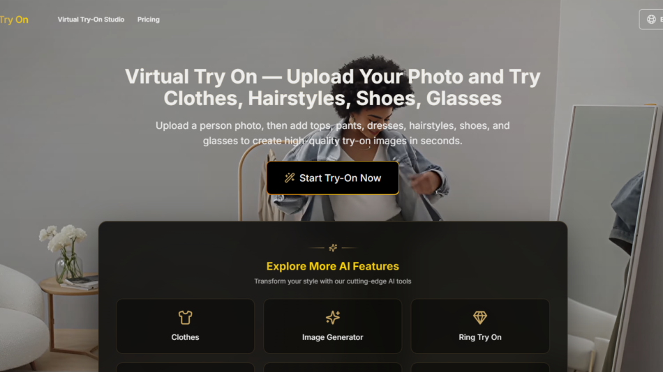 6 - Hero header for Virtual Try-On: person trying on clothes in a modern room; large overlaid headline and a Start Try-On Now button.