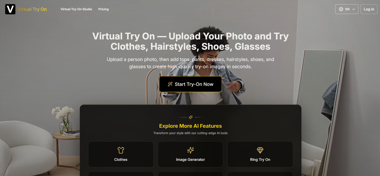 6 - Hero header for Virtual Try-On: person trying on clothes in a modern room; large overlaid headline and a Start Try-On Now button.