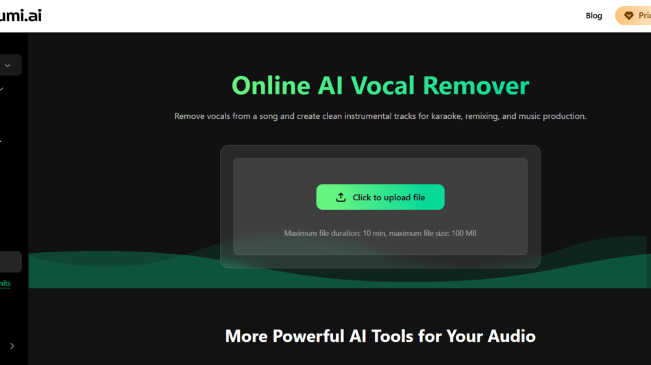 Clumi.ai homepage hero: black background with a left tool menu (Vocal Remover, Stem Splitter, Lead & Back Splitter, etc.), a large green heading 'Online AI Vocal Remover' and subtitle about removing vocals, and a central upload area with a green 'Click to upload file' button.