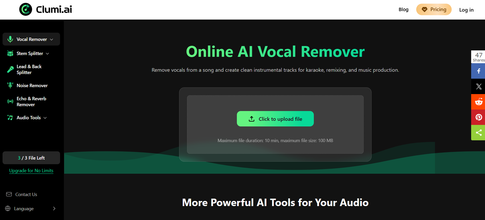 6 - Clumi.ai homepage hero: black background with a left tool menu (Vocal Remover, Stem Splitter, Lead & Back Splitter, etc.), a large green heading 'Online AI Vocal Remover' and subtitle about removing vocals, and a central upload area with a green 'Click to upload file' button.