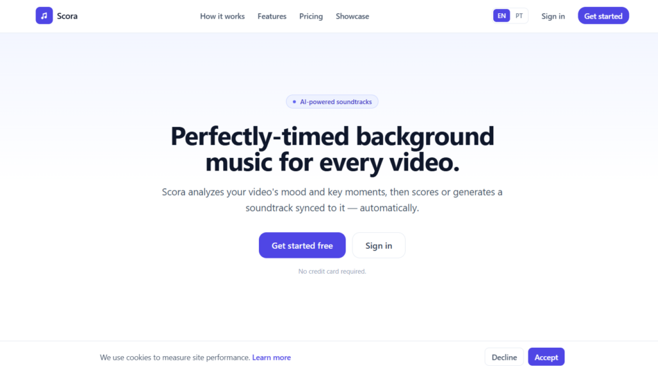6 - Scora homepage hero: bold headline about perfectly-timed background music for every video with two CTA buttons (Get started free, Sign in).