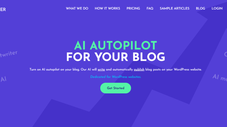 6 - Hero banner advertising AI autopilot for your blog with a green Get Started button