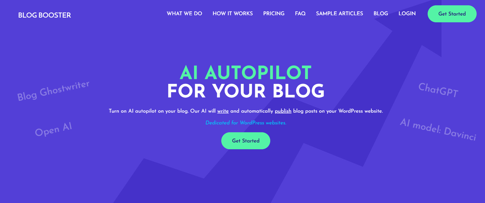 6 - Hero banner advertising AI autopilot for your blog with a green Get Started button