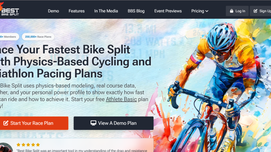 Hero banner with a dynamic watercolor-style cyclist, bold headline about physics-based cycling, and two CTA buttons (Start Your Race Plan, View A Demo Plan).