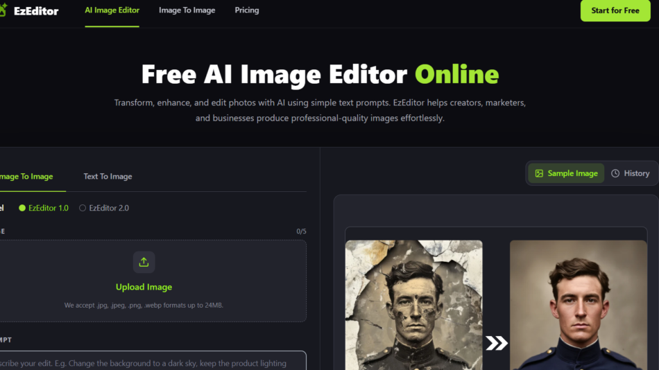 Screenshot of EzEditor AI Image Editor interface showing dark UI, hero text 'Free AI Image Editor Online', and the Image To Image panel with Upload Image area.