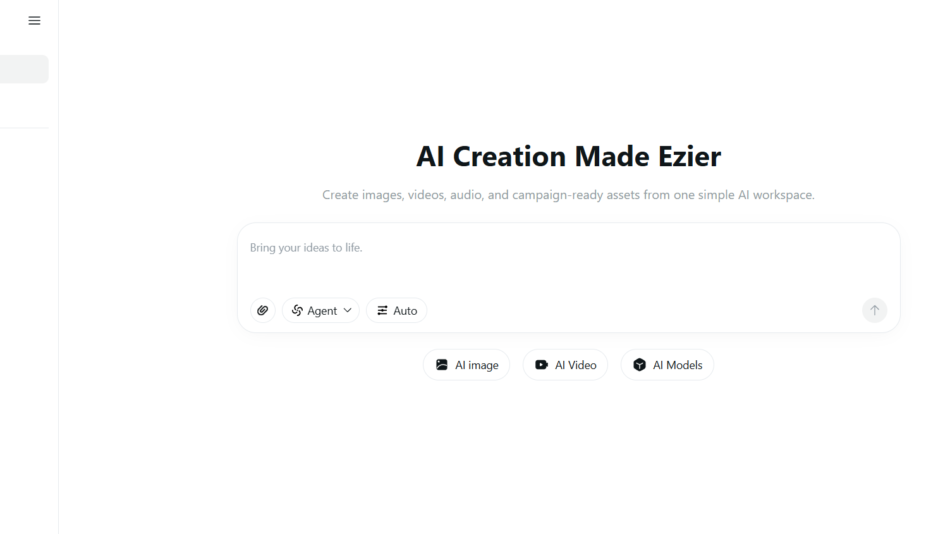 60 - Ezier.ai homepage hero with left navigation bar, large headline “AI Creation Made Ezier” and rounded input panel with action pills below