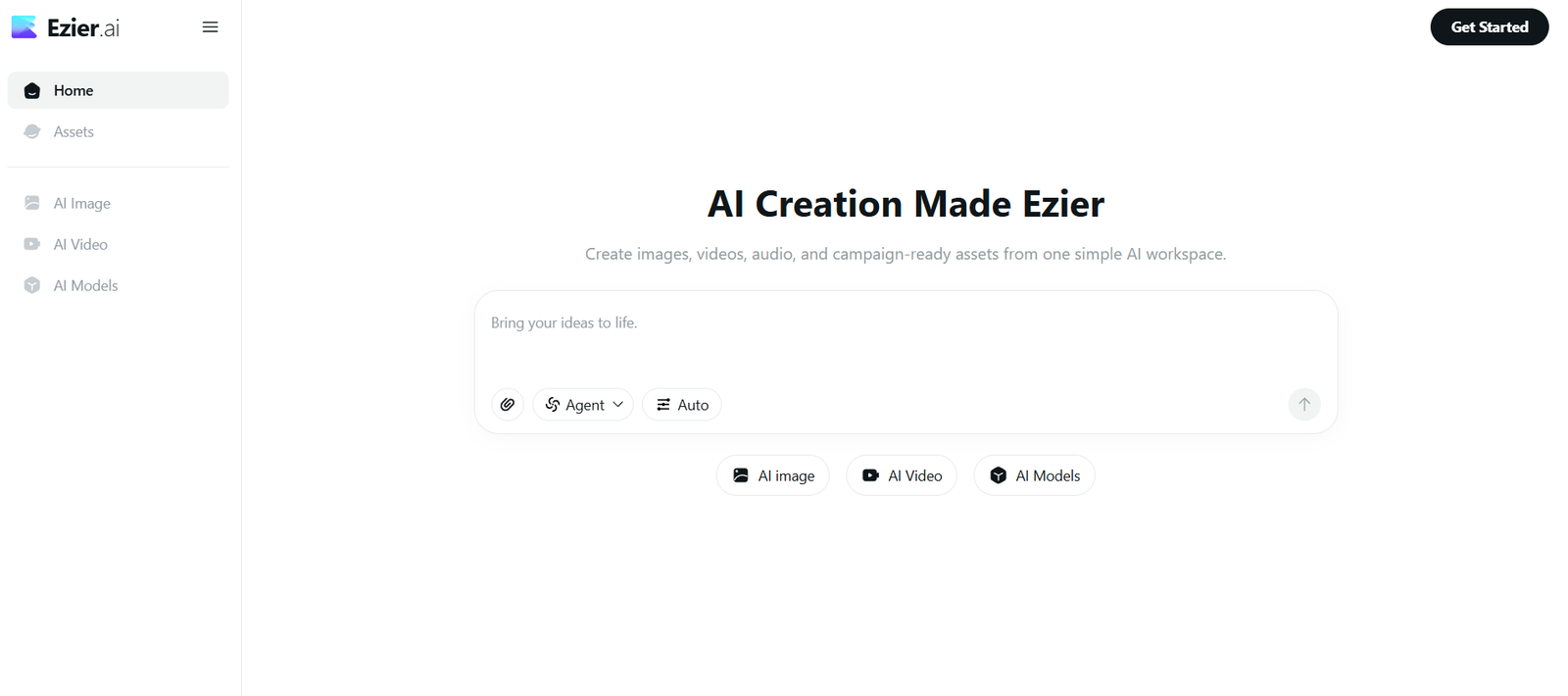 60 - Ezier.ai homepage hero with left navigation bar, large headline “AI Creation Made Ezier” and rounded input panel with action pills below