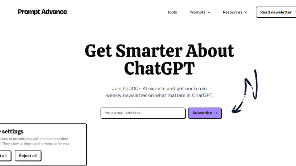 61 - Hero banner for Prompt Advance with bold headline 'Get Smarter About ChatGPT', brief description, an email input and purple 'Subscribe' button, plus a cookie settings box in the corner.