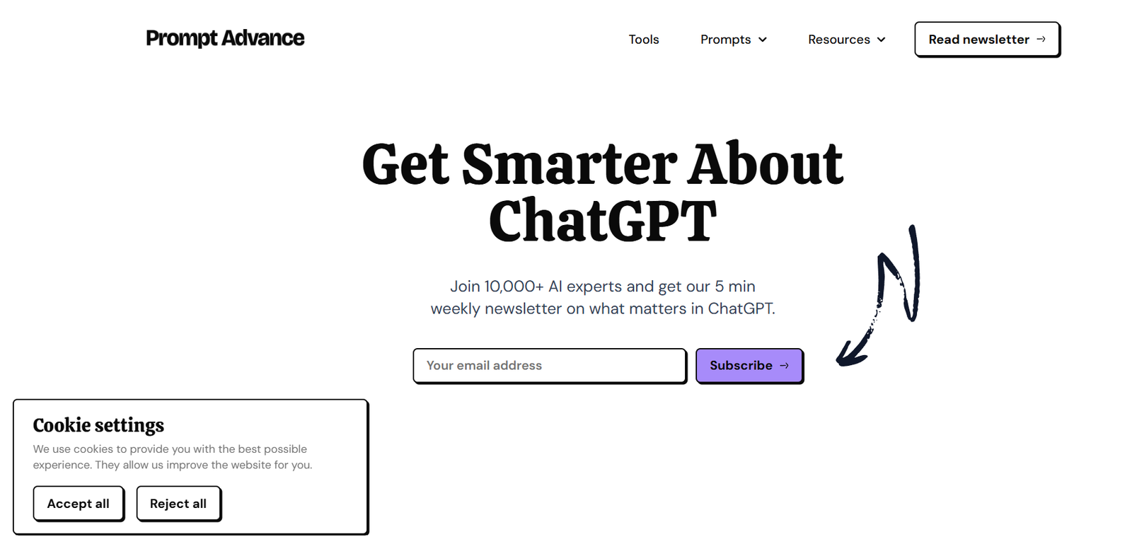 61 - Hero banner for Prompt Advance with bold headline 'Get Smarter About ChatGPT', brief description, an email input and purple 'Subscribe' button, plus a cookie settings box in the corner.
