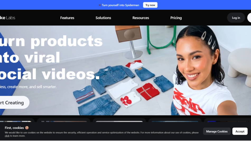 Hero banner with a smiling woman taking a selfie in a studio; bold white headline 'Turn products into viral social videos' and a 'Start Creating' button.