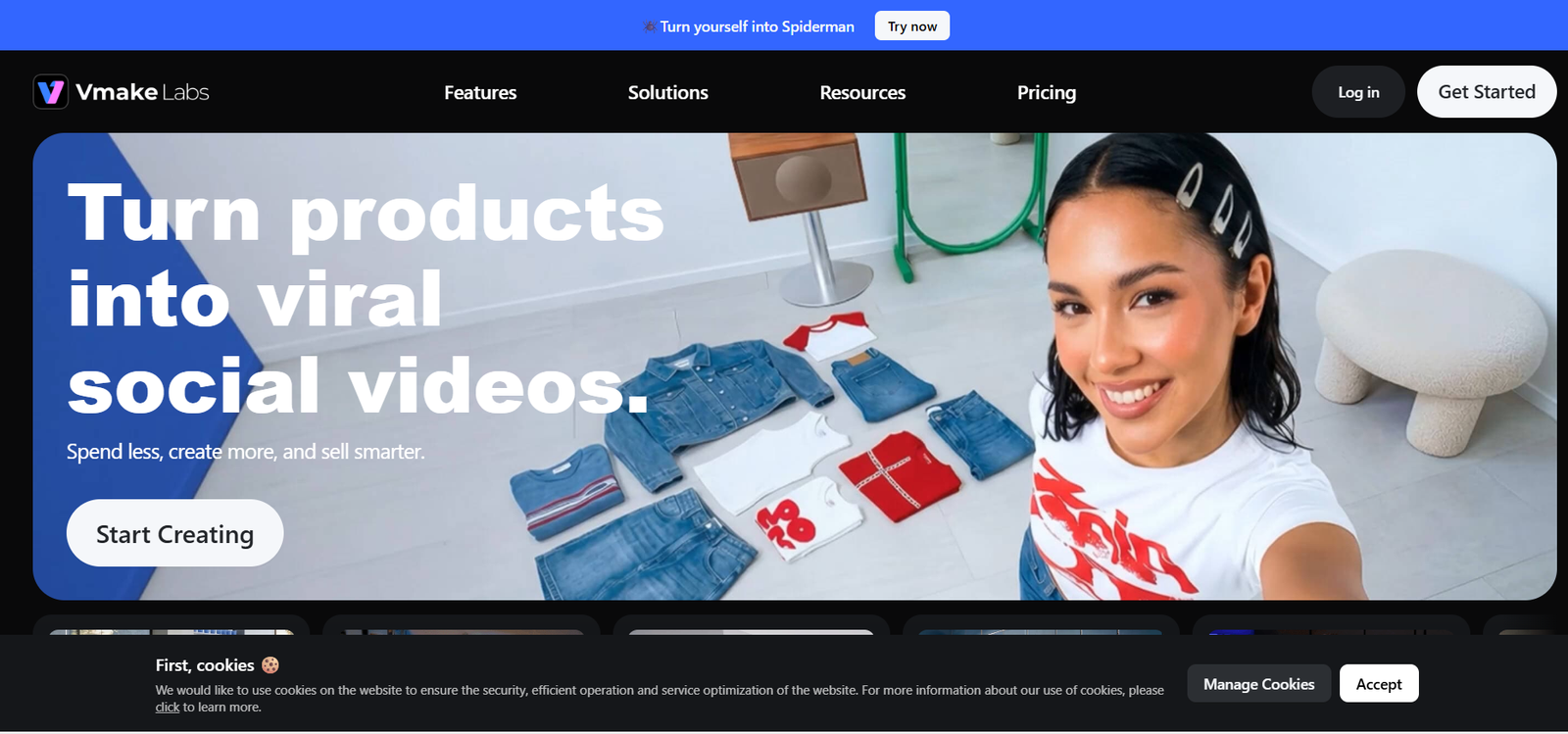 61 - Hero banner with a smiling woman taking a selfie in a studio; bold white headline 'Turn products into viral social videos' and a 'Start Creating' button.
