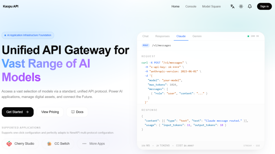 Hero banner for Kaopu API: Unified API Gateway for Vast Range of AI Models with a code snippet mockup on the right.
