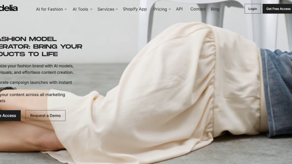 Hero banner showing a person in a beige coat lying on the floor, with headline about AI fashion model generator