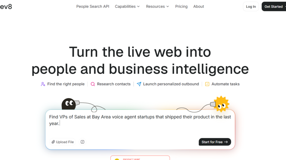 Lev8 homepage hero: bold headline about turning the live web into people and business intelligence, with feature icons and a cartoon banner.