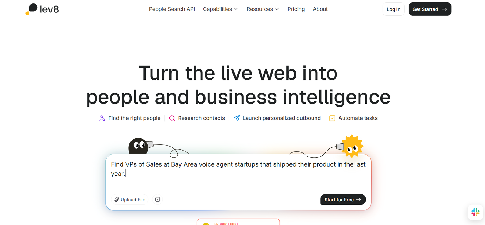 62 - Lev8 homepage hero: bold headline about turning the live web into people and business intelligence, with feature icons and a cartoon banner.