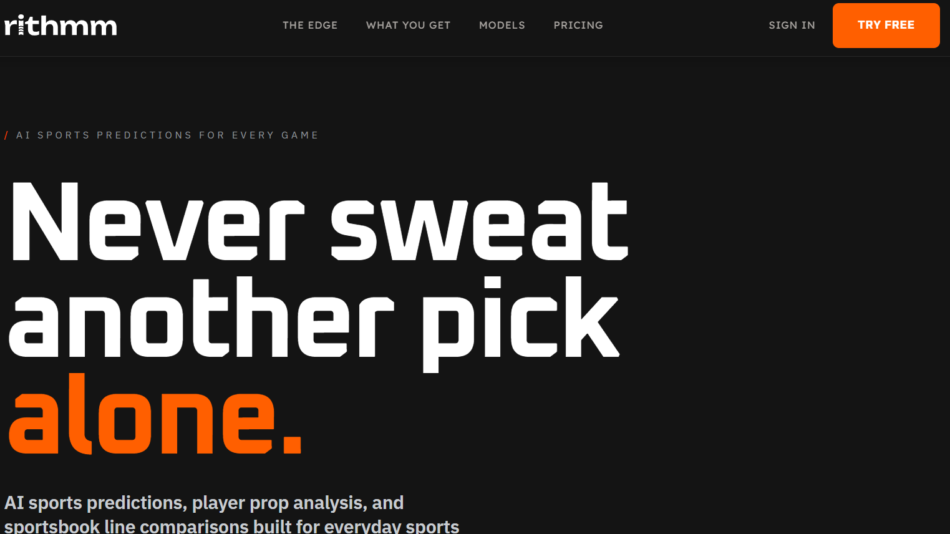 Homepage hero banner with bold white headline 'Never sweat another pick' and orange 'alone.' on a dark background, plus a top navigation bar including a 'TRY FREE' button.