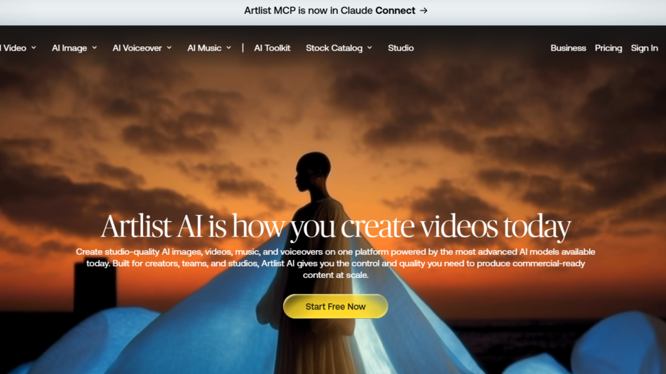 63 - Silhouette of a person standing on a blue tent at sunset, with an orange sky, used as the Artlist homepage hero banner. The overlaid headline reads “Artlist AI is how you create videos today.”