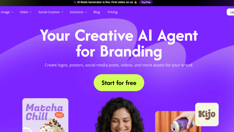 Hero banner for Zowo: bold white headline 'Your Creative AI Agent for Branding' on a purple background with curved shapes and a lime-green 'Start for free' CTA.