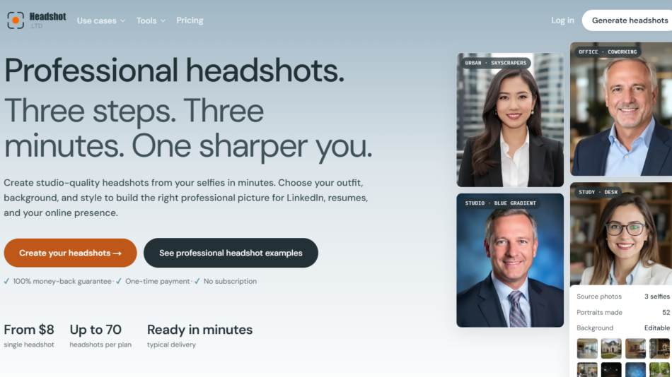 64 - Hero banner for a headshots service with large title text and a right-aligned grid of rounded portrait cards labeled by category, e.g., Urban and Office.