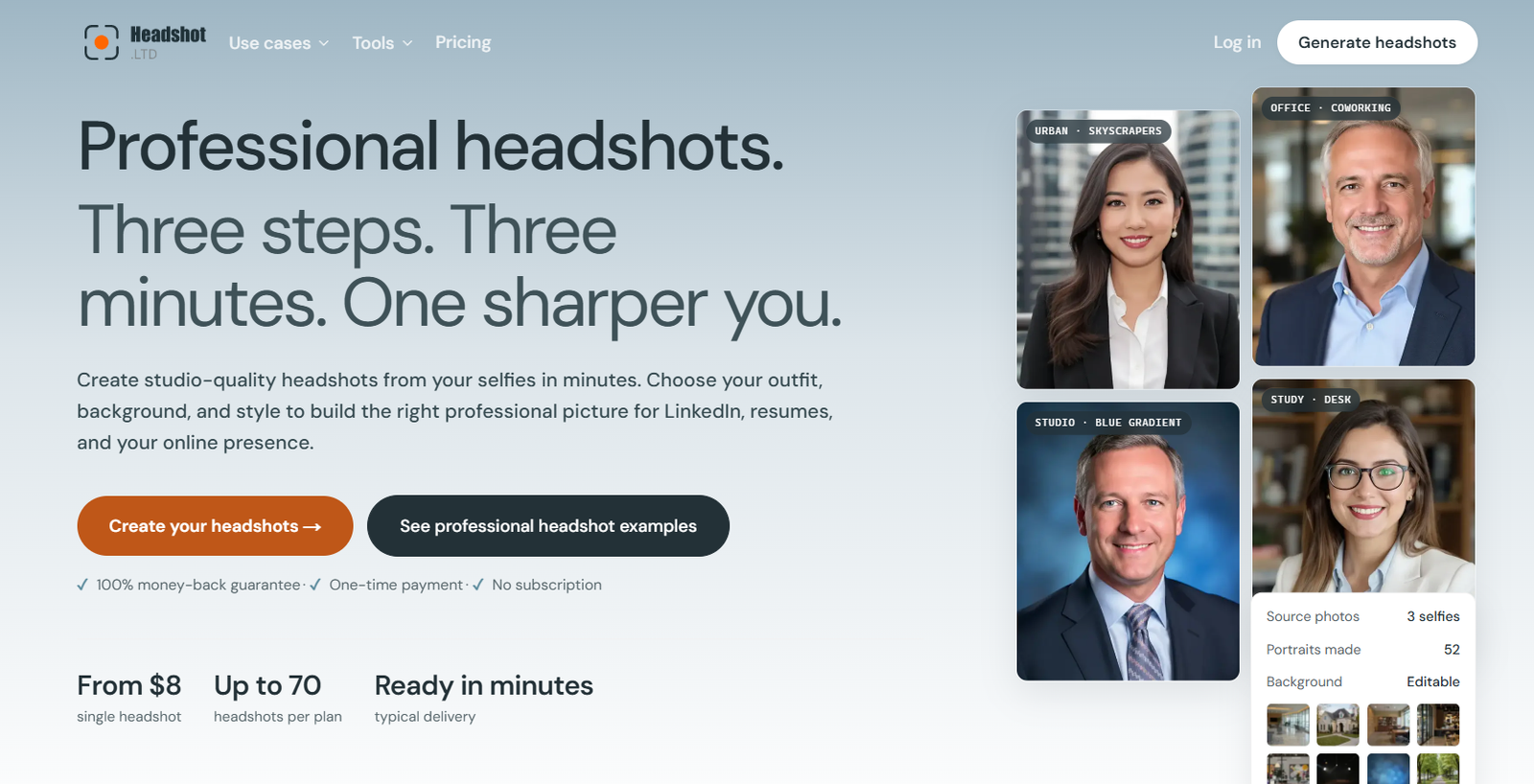 64 - Hero banner for a headshots service with large title text and a right-aligned grid of rounded portrait cards labeled by category, e.g., Urban and Office.