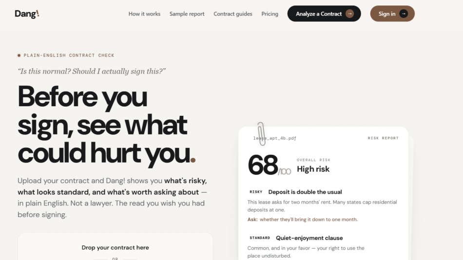 64 - Hero section introducing a plain-English contract check with a bold headline: 'Before you sign, see what could hurt you.' on a light gradient background and a risk report card on the right showing 68/100 High risk