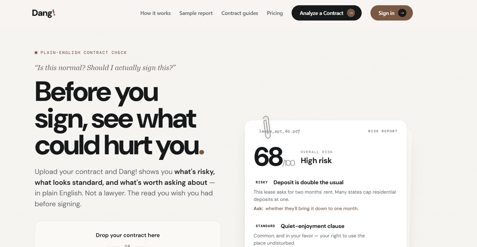64 - Hero section introducing a plain-English contract check with a bold headline: 'Before you sign, see what could hurt you.' on a light gradient background and a risk report card on the right showing 68/100 High risk