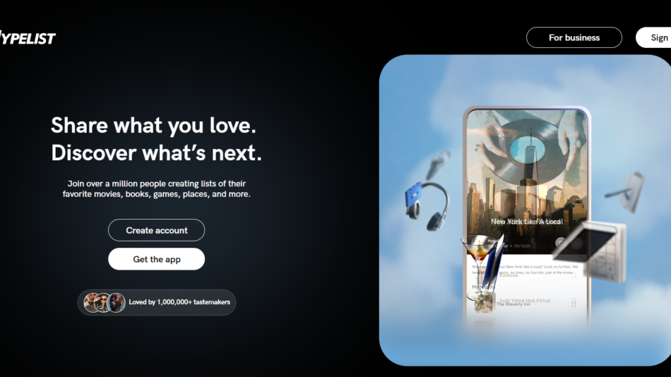 65 - Hero section with a dark gradient left, bold white headline and a rounded right panel showing a tablet with a cityscape, headphones and a vinyl record.