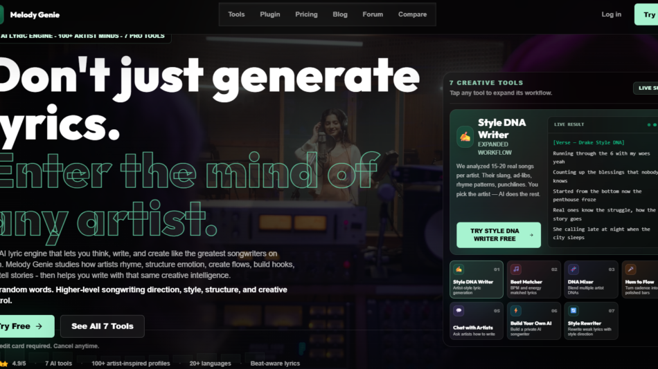 Hero banner for Melody Genie: large bold headline 'Don't just generate lyrics.' with neon-outline subheading on a dark music-studio background.