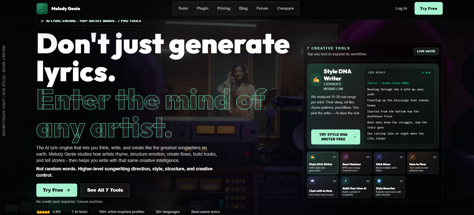 65 - Hero banner for Melody Genie: large bold headline 'Don't just generate lyrics.' with neon-outline subheading on a dark music-studio background.