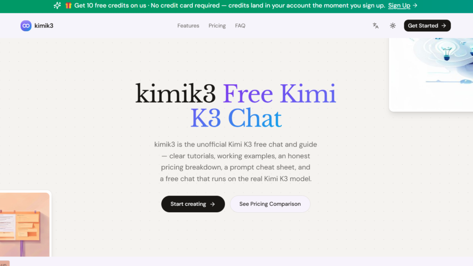 Hero banner for kimik3: headline 'kimik3 Free Kimi K3 Chat' with subtitle and two CTAs: 'Start creating' and 'See Pricing Comparison'