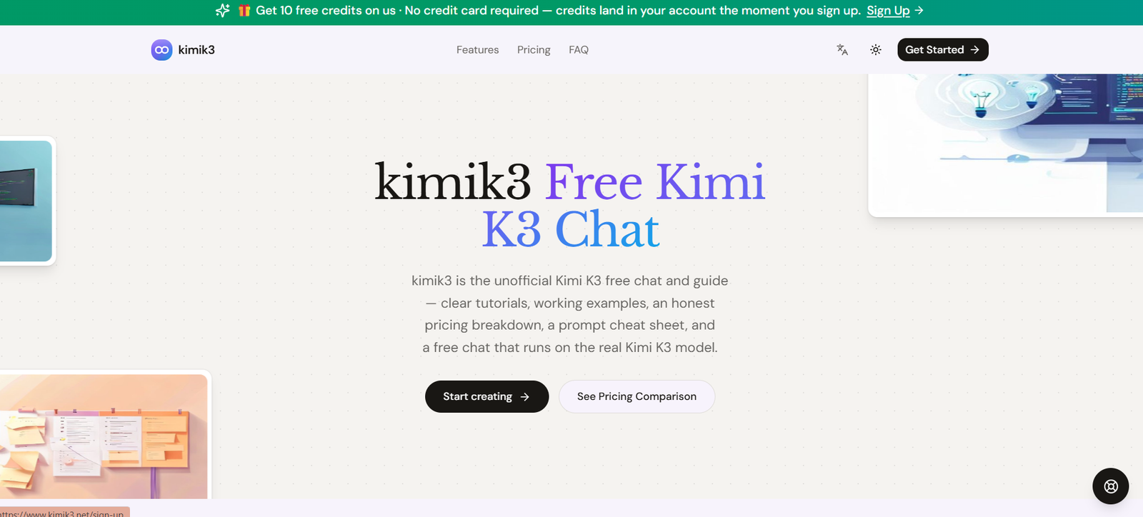 66 - Hero banner for kimik3: headline 'kimik3 Free Kimi K3 Chat' with subtitle and two CTAs: 'Start creating' and 'See Pricing Comparison'