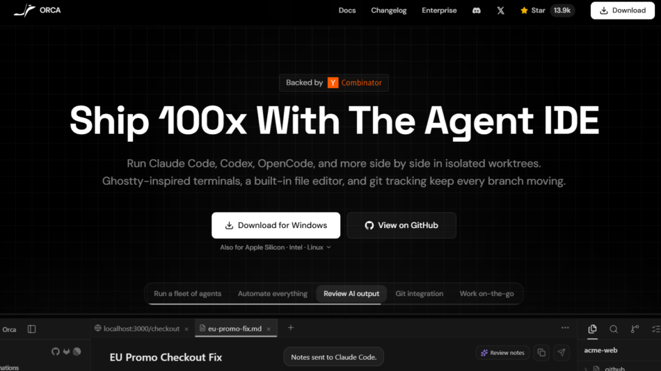 66 - Hero banner: 'Ship 100x With The Agent IDE' on a dark grid background with two buttons reading 'Download for Windows' and 'View on GitHub'