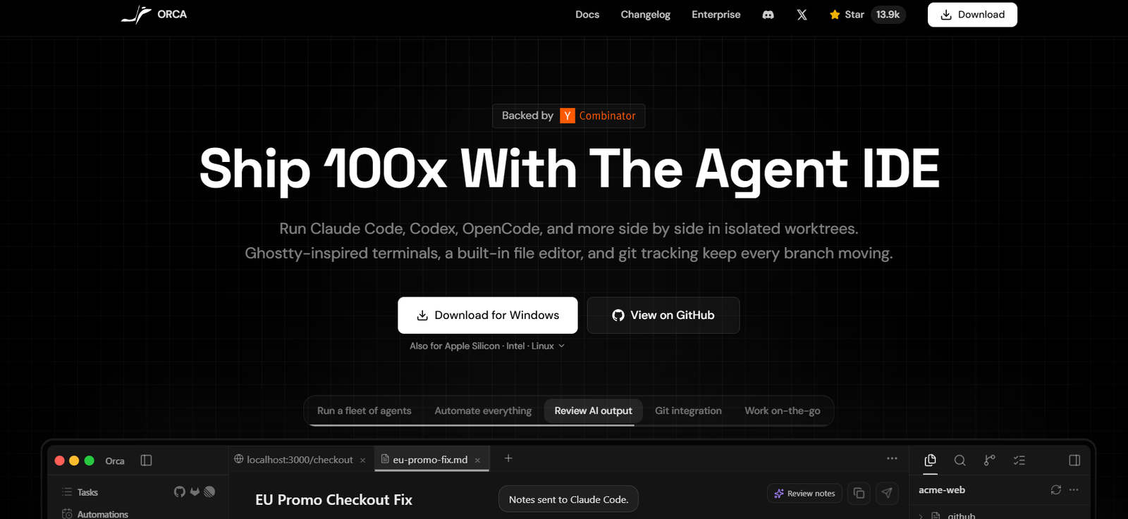 66 - Hero banner: 'Ship 100x With The Agent IDE' on a dark grid background with two buttons reading 'Download for Windows' and 'View on GitHub'