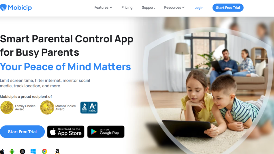 67 - Hero image: two kids on a tablet with a protective shield overlay in a living room, conveying parental control for families online.