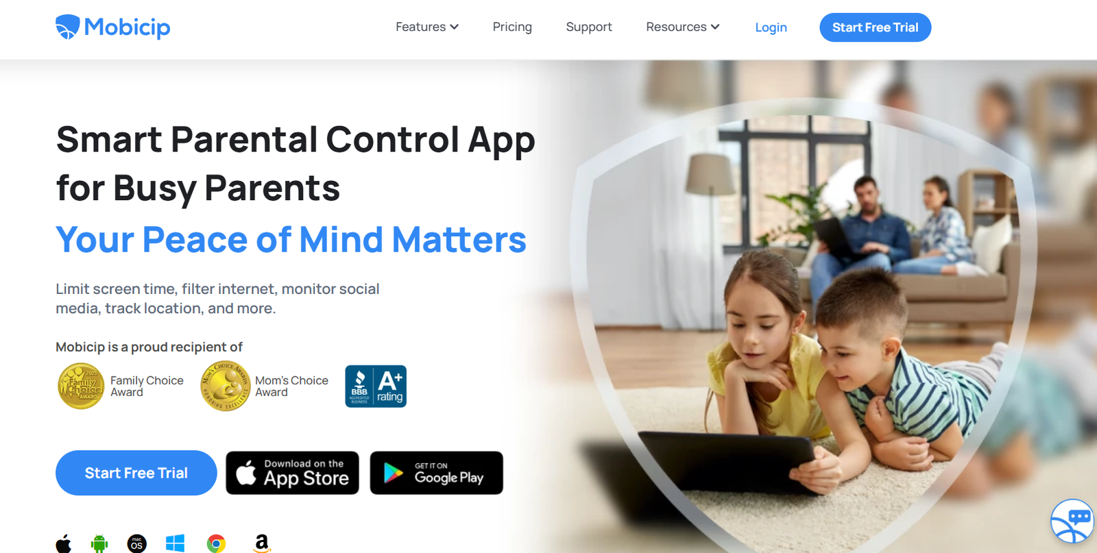 67 - Hero image: two kids on a tablet with a protective shield overlay in a living room, conveying parental control for families online.