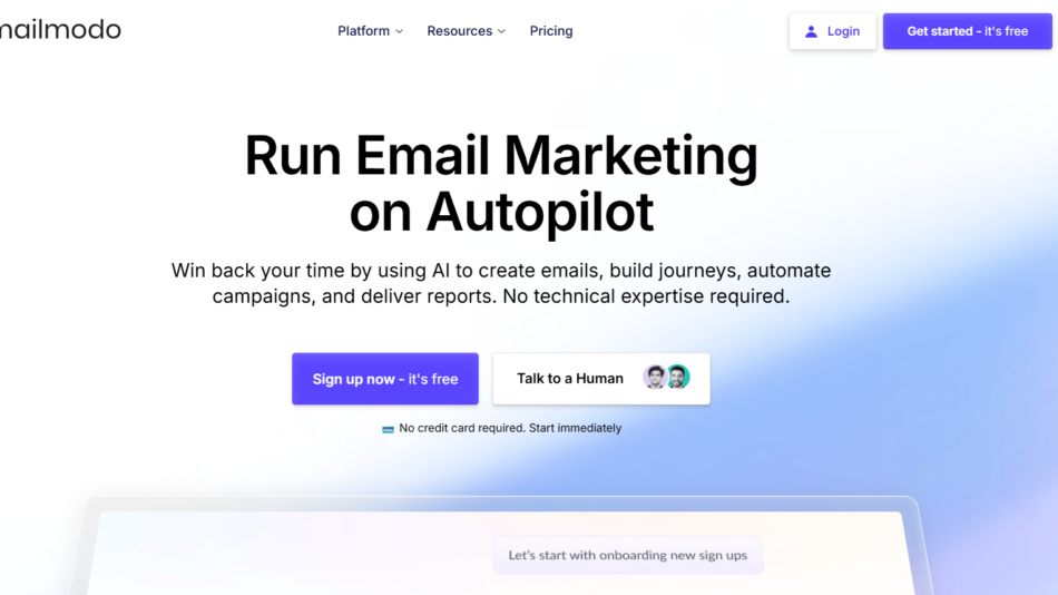 Hero section: Mailmodo headline 'Run Email Marketing on Autopilot' with supporting text and primary 'Sign up now' button.
