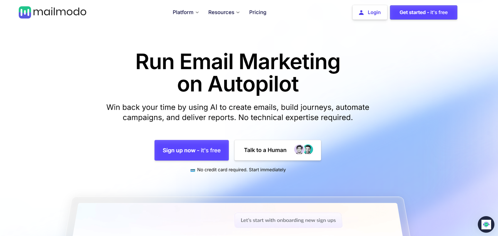 68 - Hero section: Mailmodo headline 'Run Email Marketing on Autopilot' with supporting text and primary 'Sign up now' button.