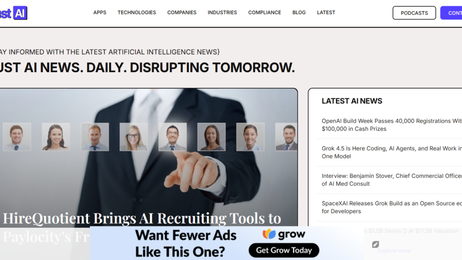 Business professional in a suit points at floating headshots, illustrating AI-powered recruiting concept on a news site hero image