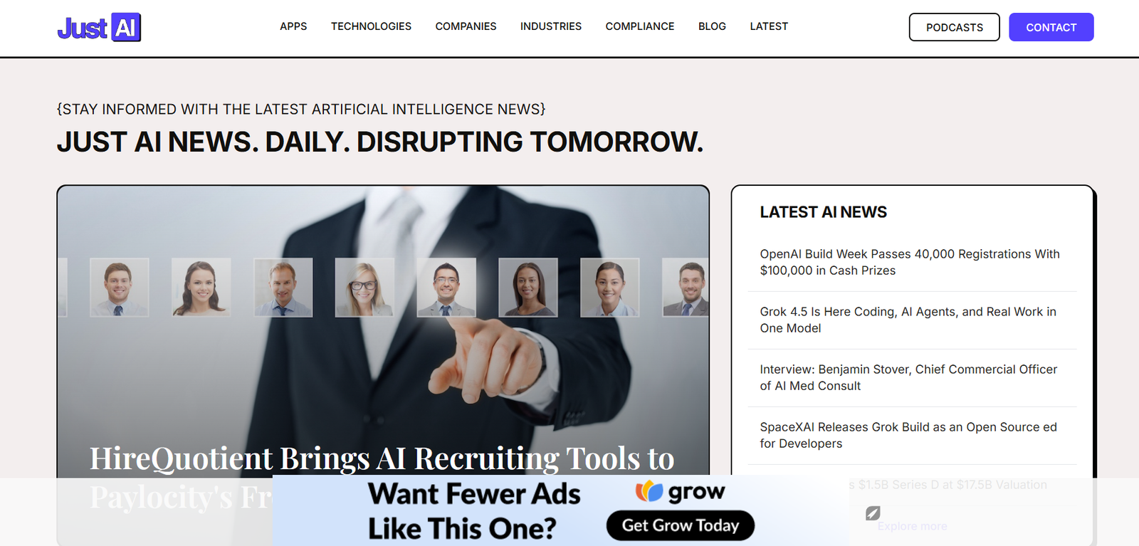 68 - Business professional in a suit points at floating headshots, illustrating AI-powered recruiting concept on a news site hero image