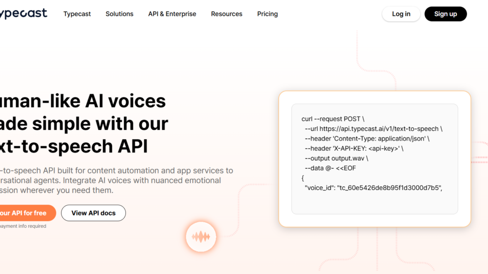 Hero section with bold headline about human-like AI voices, supporting text, two call-to-action buttons, and a framed code snippet displayed on the right.