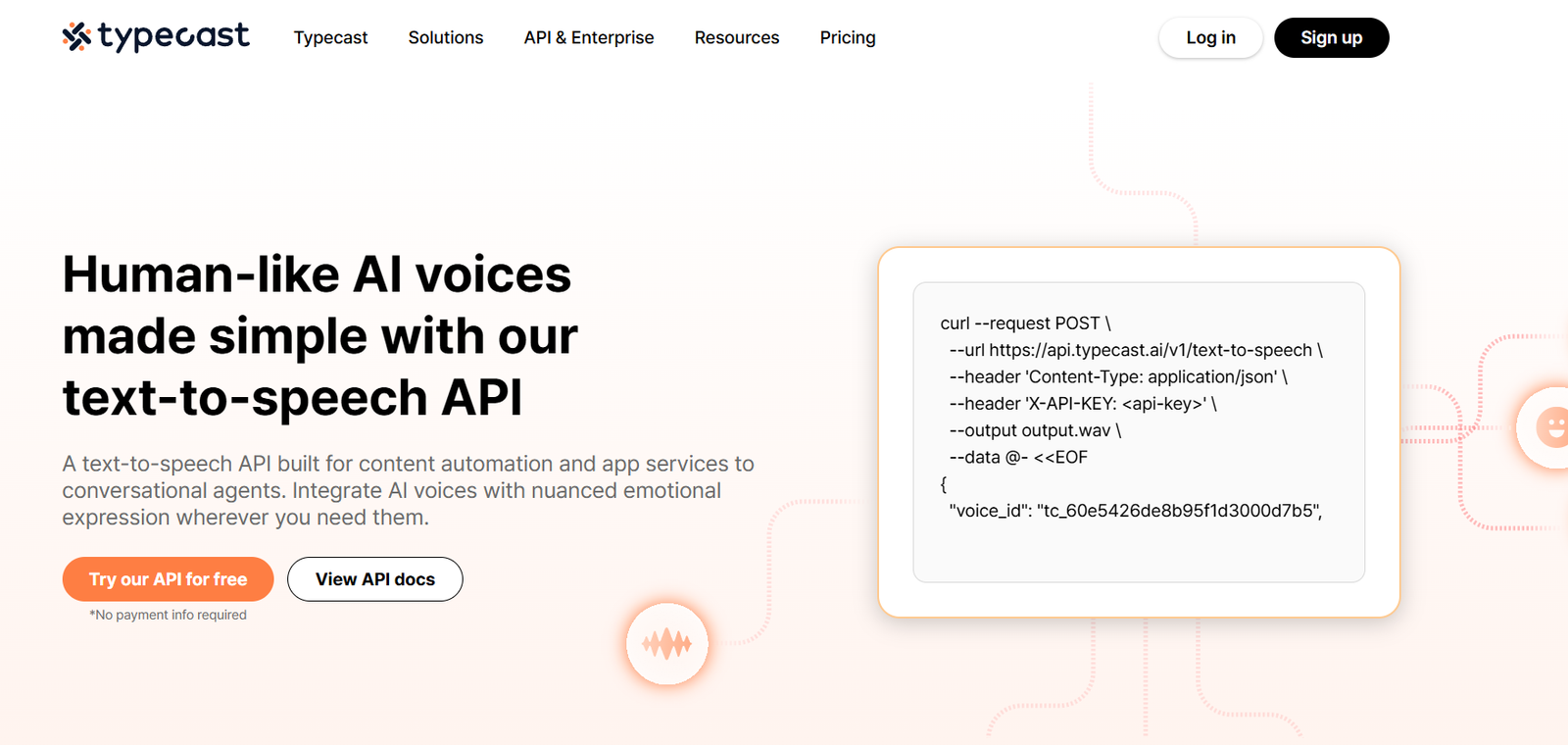 69 - Hero section with bold headline about human-like AI voices, supporting text, two call-to-action buttons, and a framed code snippet displayed on the right.