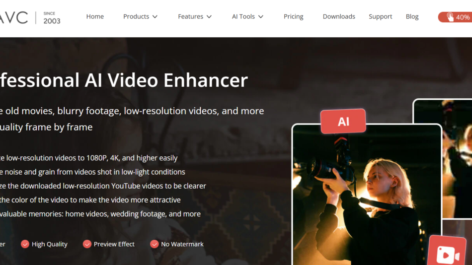 69 - Hero banner promoting Professional AI Video Enhancer with a features list and a collage of video frames on a dark background, conveying upscaling and quality improvements